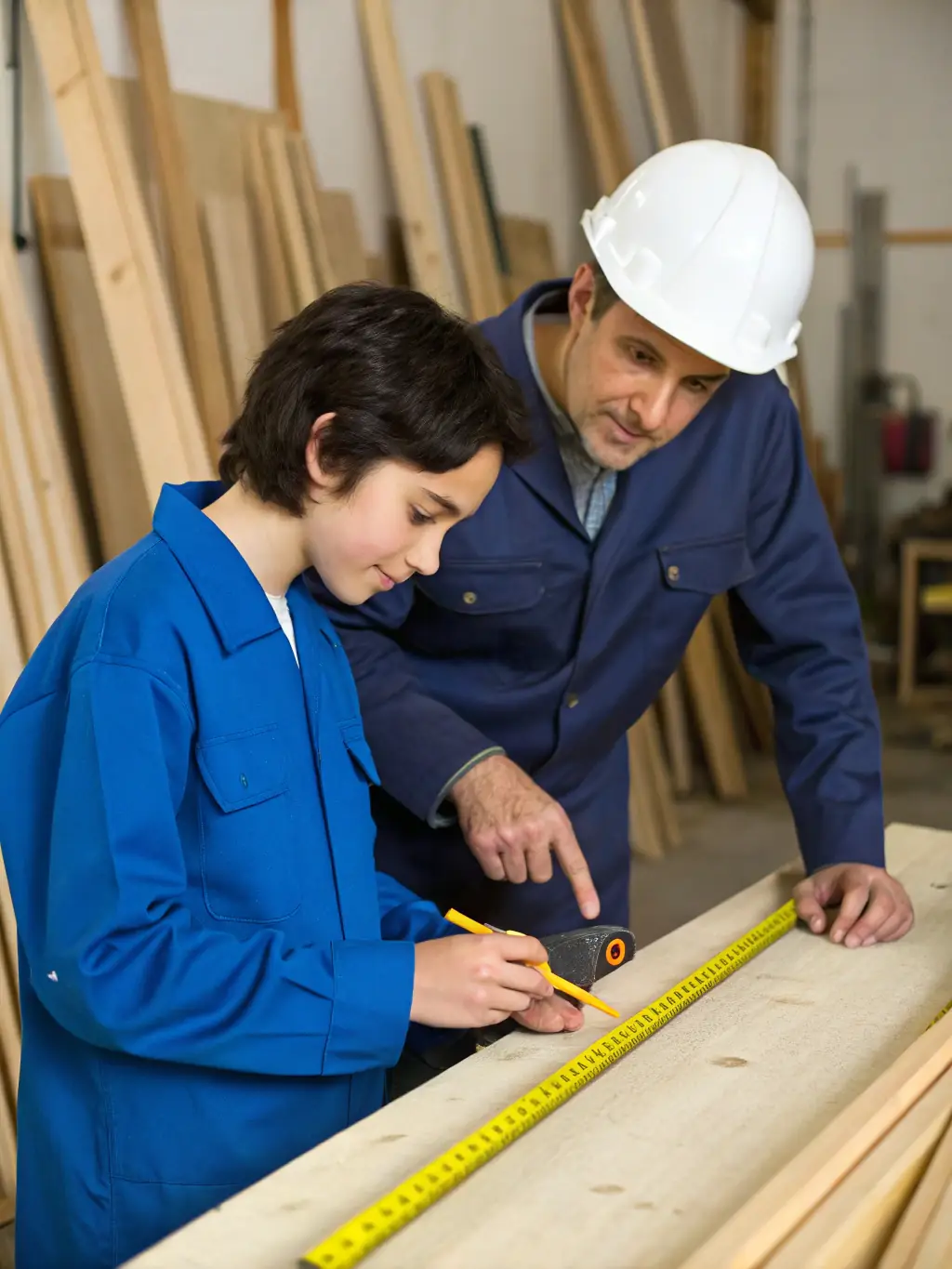 A photo of an apprentice working alongside a mentor in a workshop setting, showcasing apprenticeship support.