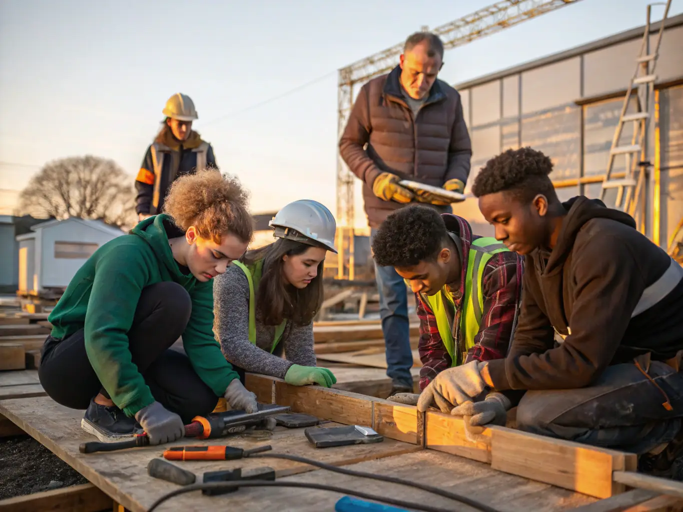An apprentice working alongside a skilled tradesperson, demonstrating the practical application of learned skills in a real-world business setting.