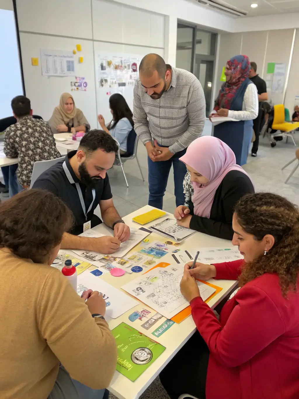 An image showing a diverse group of employees participating in a hands-on training session with a trainer, focusing on professional development.