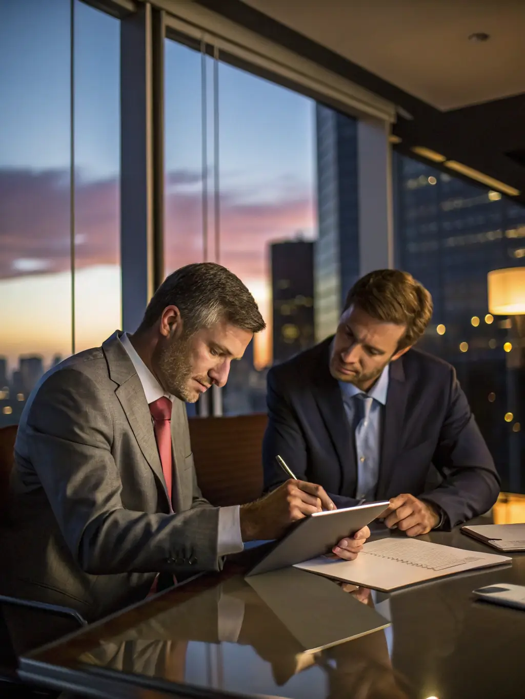 An image of a consultant discussing a training plan with business owners in a meeting room, emphasizing consulting services.