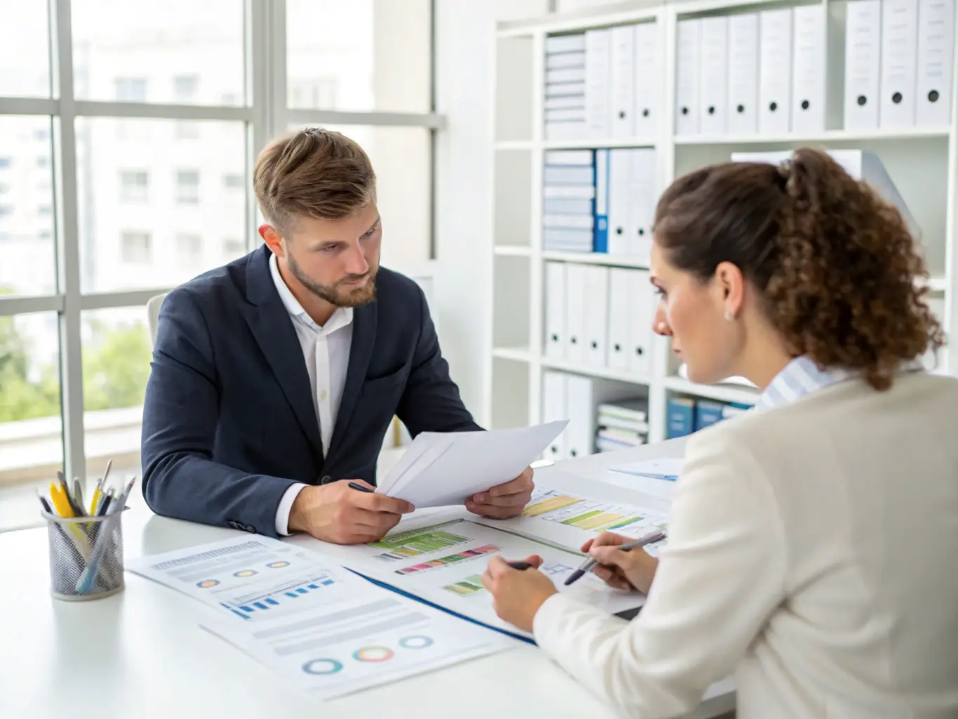 A consultant advising a business owner, discussing strategies for workforce development and identifying opportunities for skill enhancement and funding.